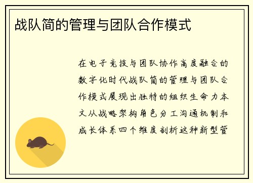 战队简的管理与团队合作模式